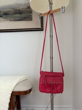 Women's Pink/Coral Crossbody Genuine Leather Bag - Slim Multi-Zip Shoulder Bag